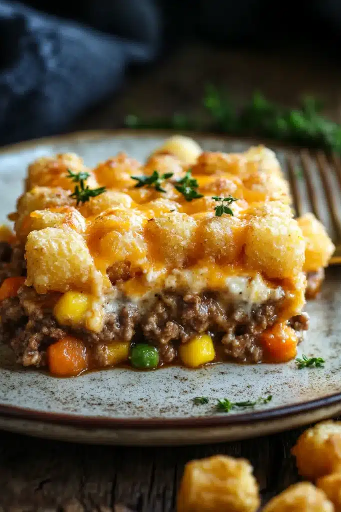 Close-up of a tater tot casserole with ground beef, topped with melted cheese, perfect as a freezer meal.