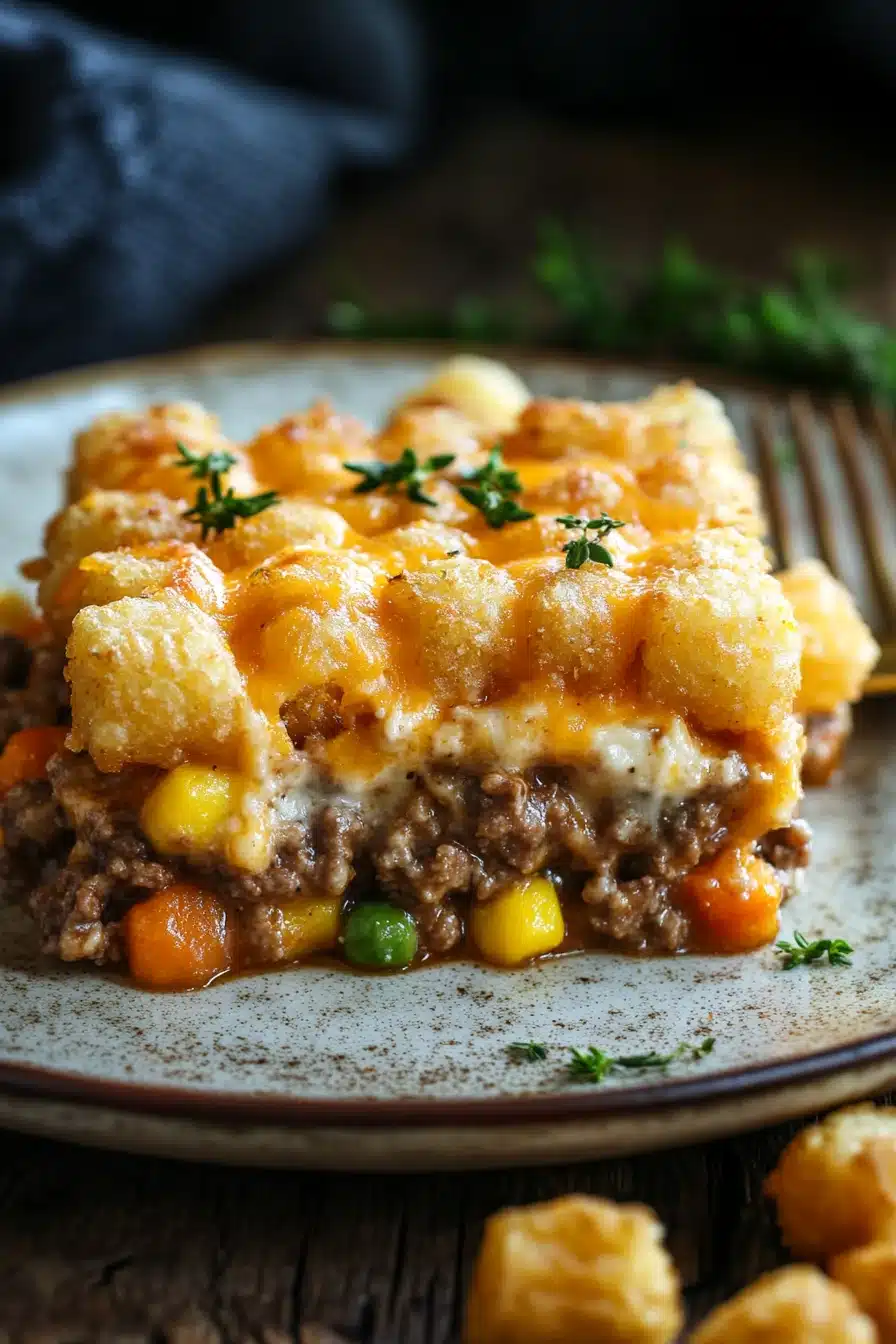Close-up of a tater tot casserole with ground beef, topped with melted cheese, perfect as a freezer meal.