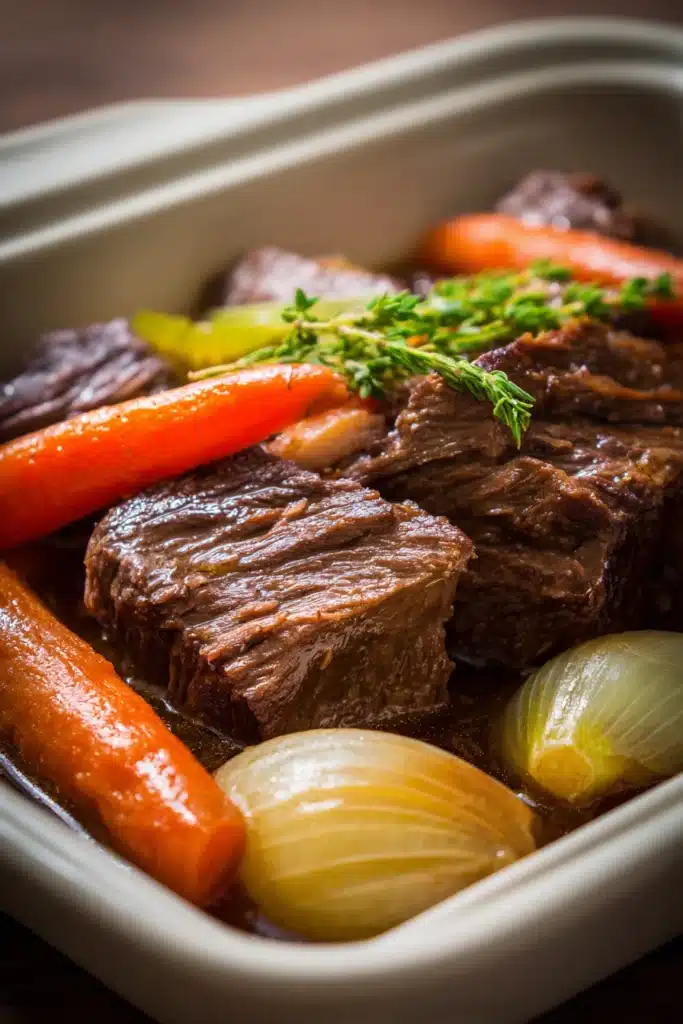 Close-up of tender beef pot roast with rich gravy and vegetables