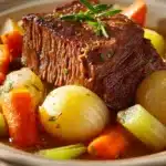 Close-up of tender beef pot roast with bright, natural lighting and minimal background.
