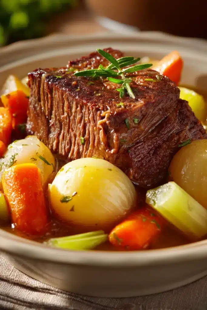 Close-up of tender beef pot roast with bright, natural lighting and minimal background.