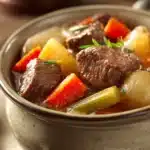 Close-up of a tender beef stew pot with rich, hearty ingredients and a clean background.