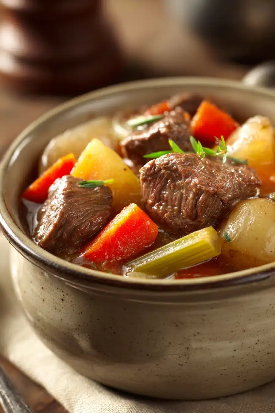 Close-up of a tender beef stew pot with rich, hearty ingredients and a clean background.