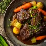 Close-up of a tender slow cooker pot roast with vegetables and gravy