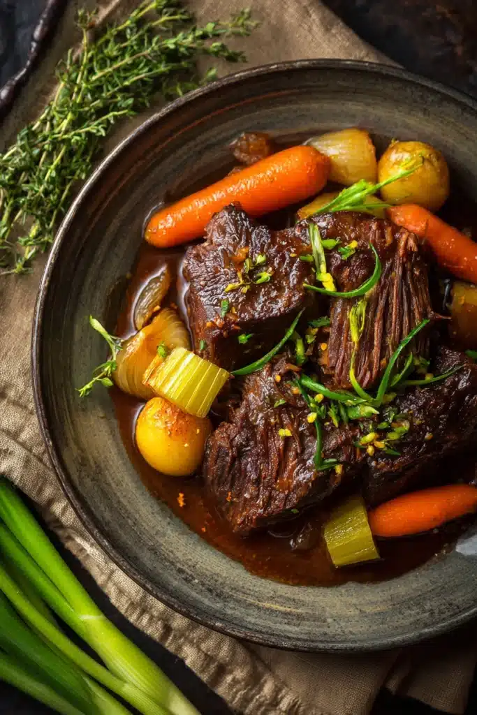 Close-up of a tender slow cooker pot roast with vegetables and gravy