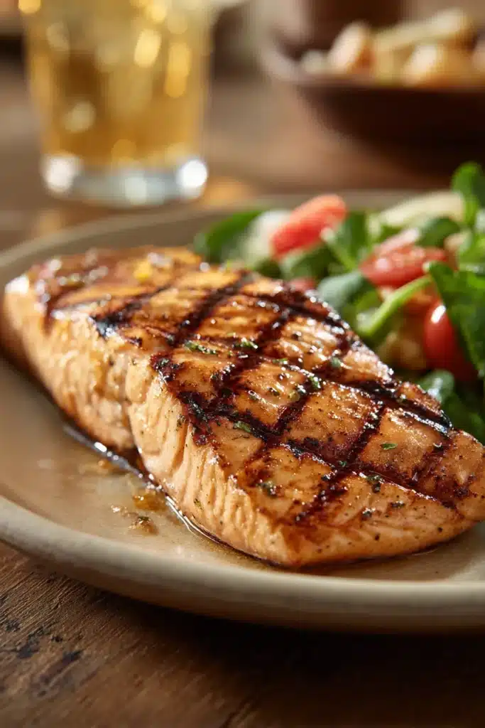Close-up of Texas Roadhouse Grilled Salmon with grill marks and lemon garnish
