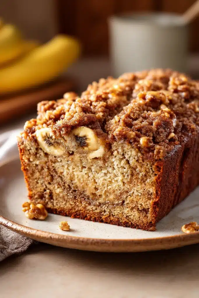 Close-up of banana bread with brown sugar streusel topping, showcasing texture and warmth.