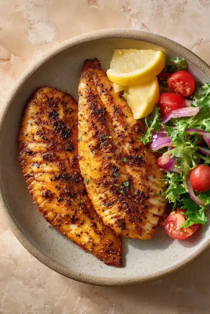 Close-up of tilapia cooked in an air fryer with golden brown texture