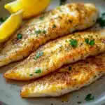 Close-up of tilapia loin cooked in an air fryer with a golden crispy texture