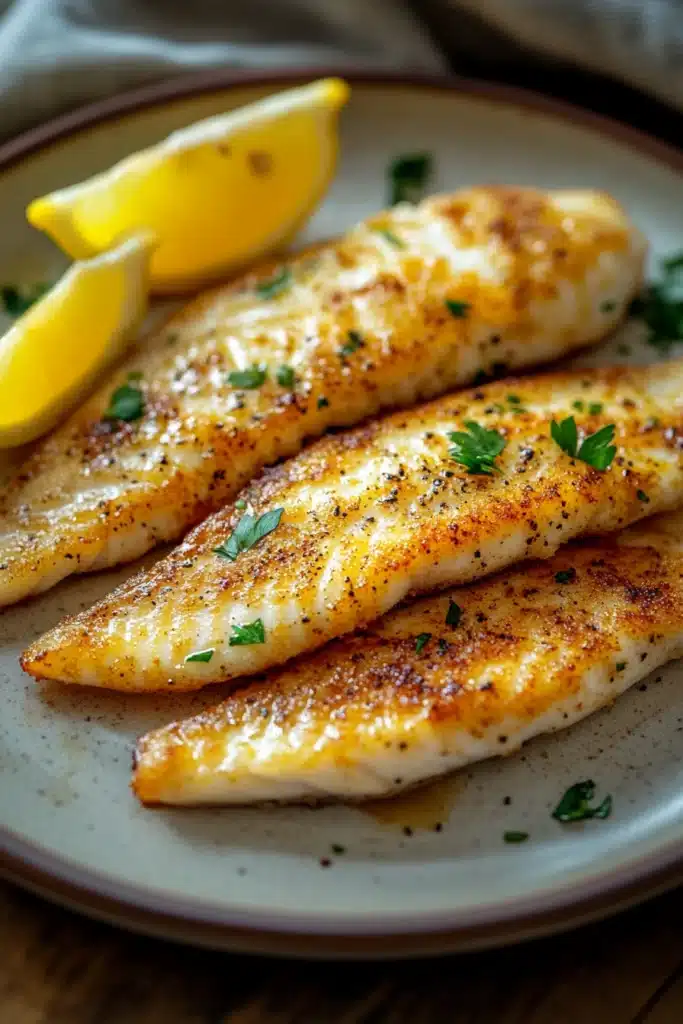 Close-up of tilapia loin cooked in an air fryer with a golden crispy texture