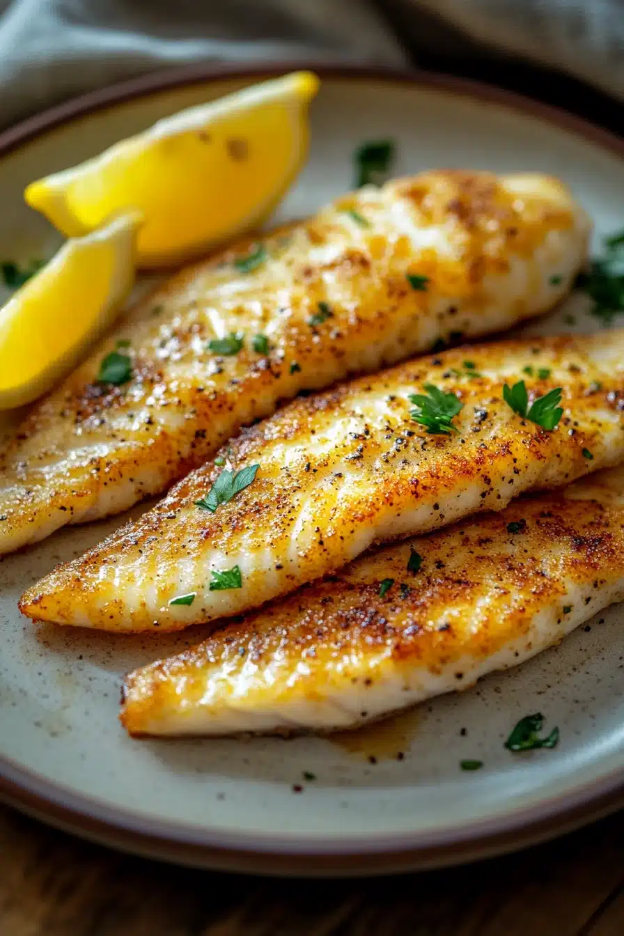 Close-up of tilapia loin cooked in an air fryer with a golden crispy texture