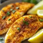 Close-up of a tilapia loin cooked in an air fryer with bright lighting
