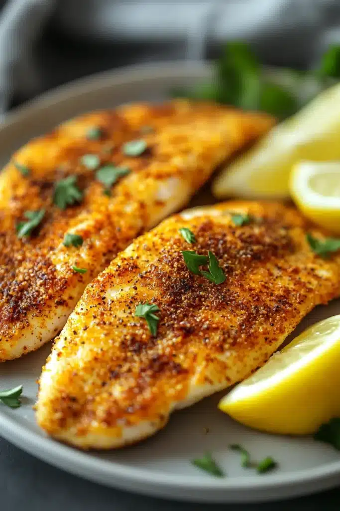 Close-up of a tilapia loin cooked in an air fryer with bright lighting