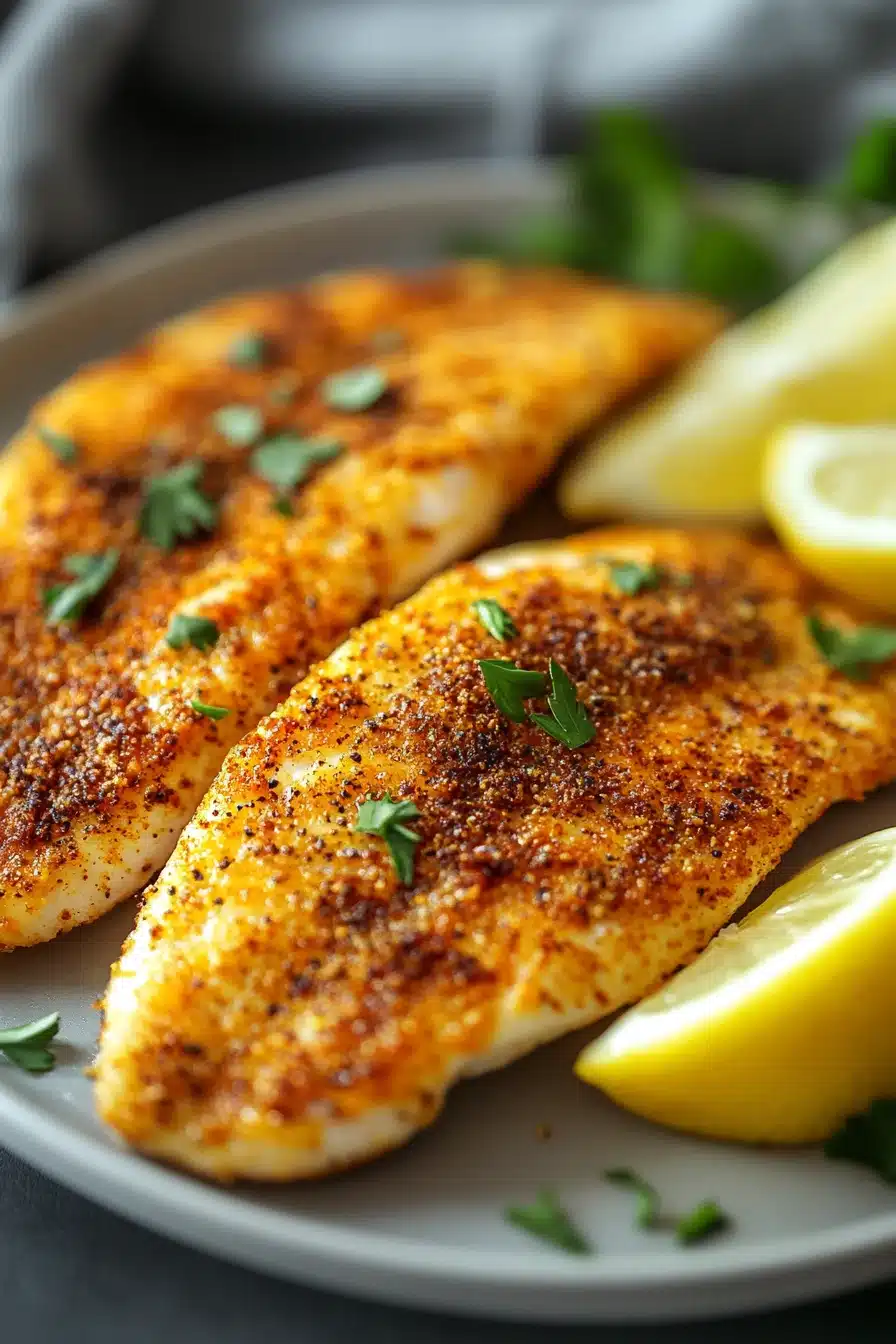 Close-up of a tilapia loin cooked in an air fryer with bright lighting
