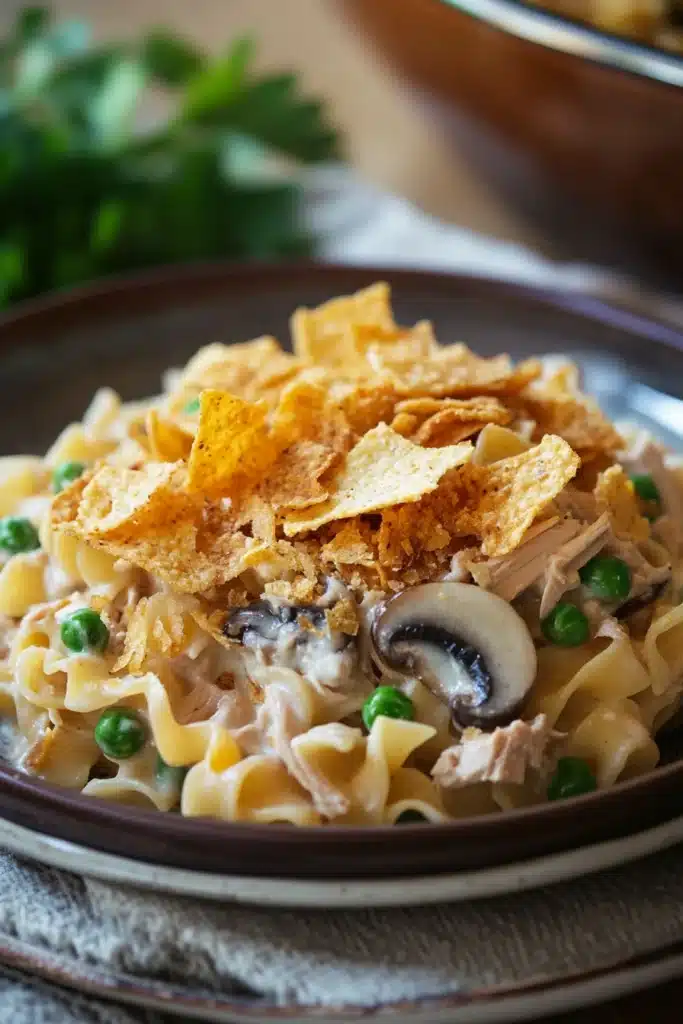 Close-up of a delicious tuna casserole with a golden crust, perfect for a comforting meal.