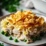 Close-up of a creamy tuna casserole with golden crust, no milk used, served in a white dish.