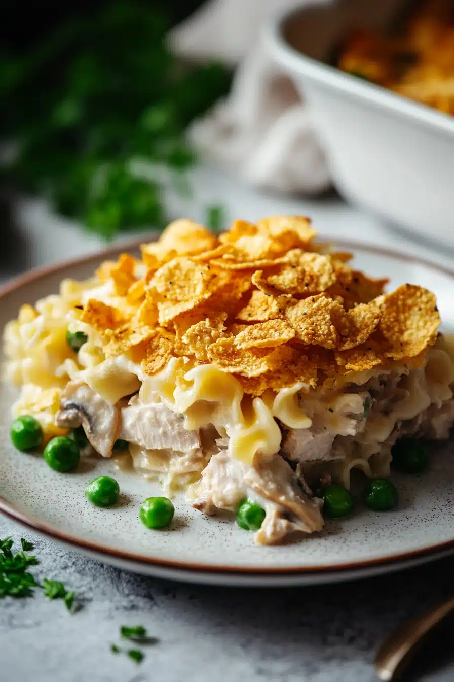 Close-up of a creamy tuna casserole with golden crust, no milk used, served in a white dish.