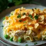 Close-up of a creamy tuna noodle casserole in a pan with a golden crust