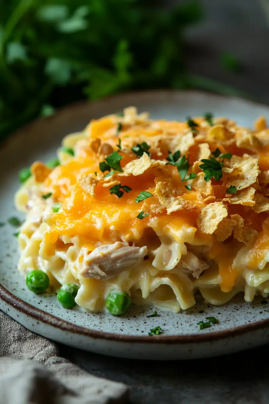 Close-up of a creamy tuna noodle casserole in a pan with a golden crust