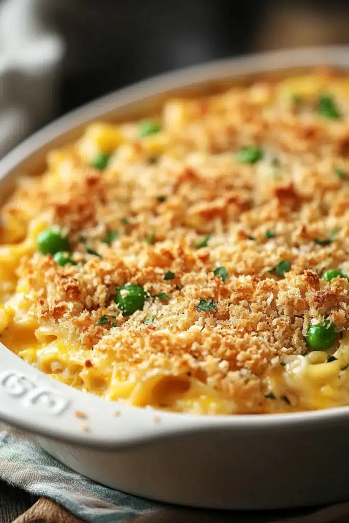 Close-up of a creamy tuna noodle casserole in a pan with a golden crust.
