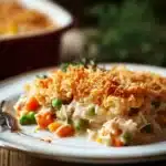 Close-up of a turkey dinner casserole with golden crust and herbs in a white dish.