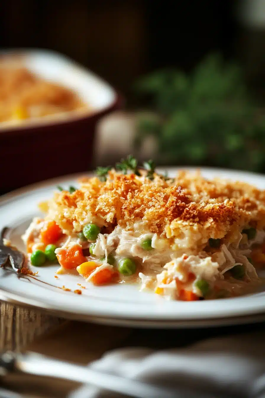 Close-up of a turkey dinner casserole with golden crust and herbs in a white dish.