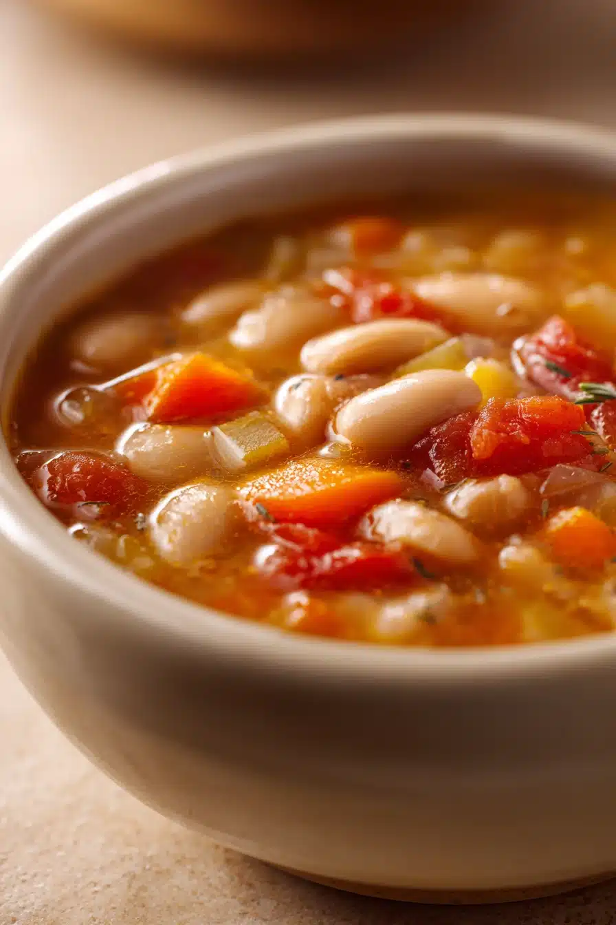 Close-up of Tuscan White Bean Soup with herbs in a bright, warm setting.