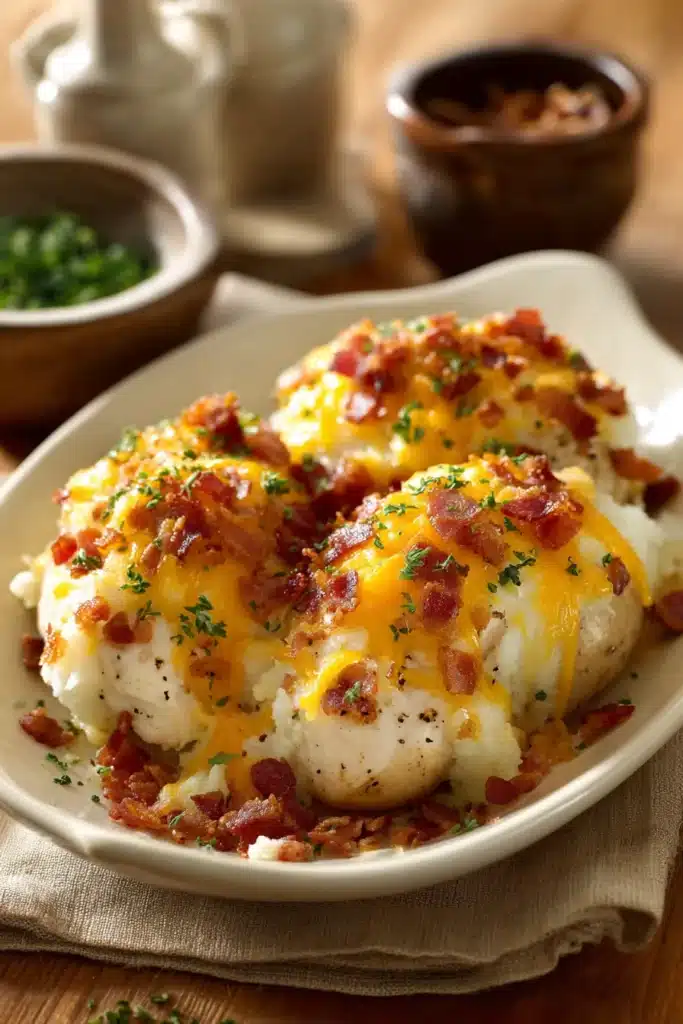 Close-up of a twice baked chicken potato casserole with cheese and herbs