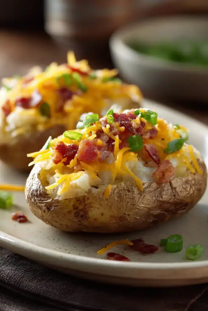 Close-up of twice-baked loaded breakfast potatoes with cheese and herbs