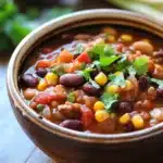 Close-up of vegan slow cooker chili with beans and vegetables in a bowl.