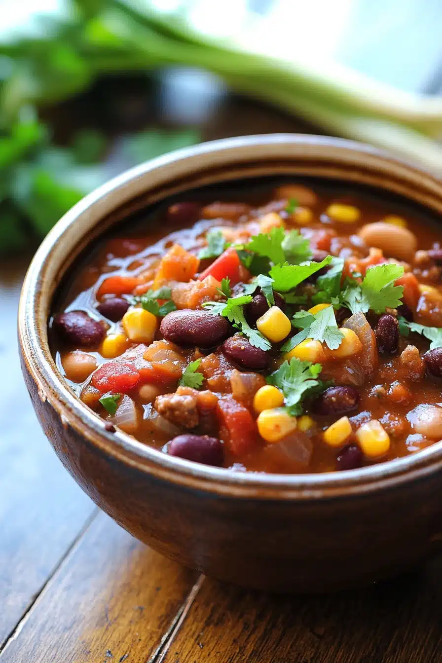 Close-up of vegan slow cooker chili with beans and vegetables in a bowl.