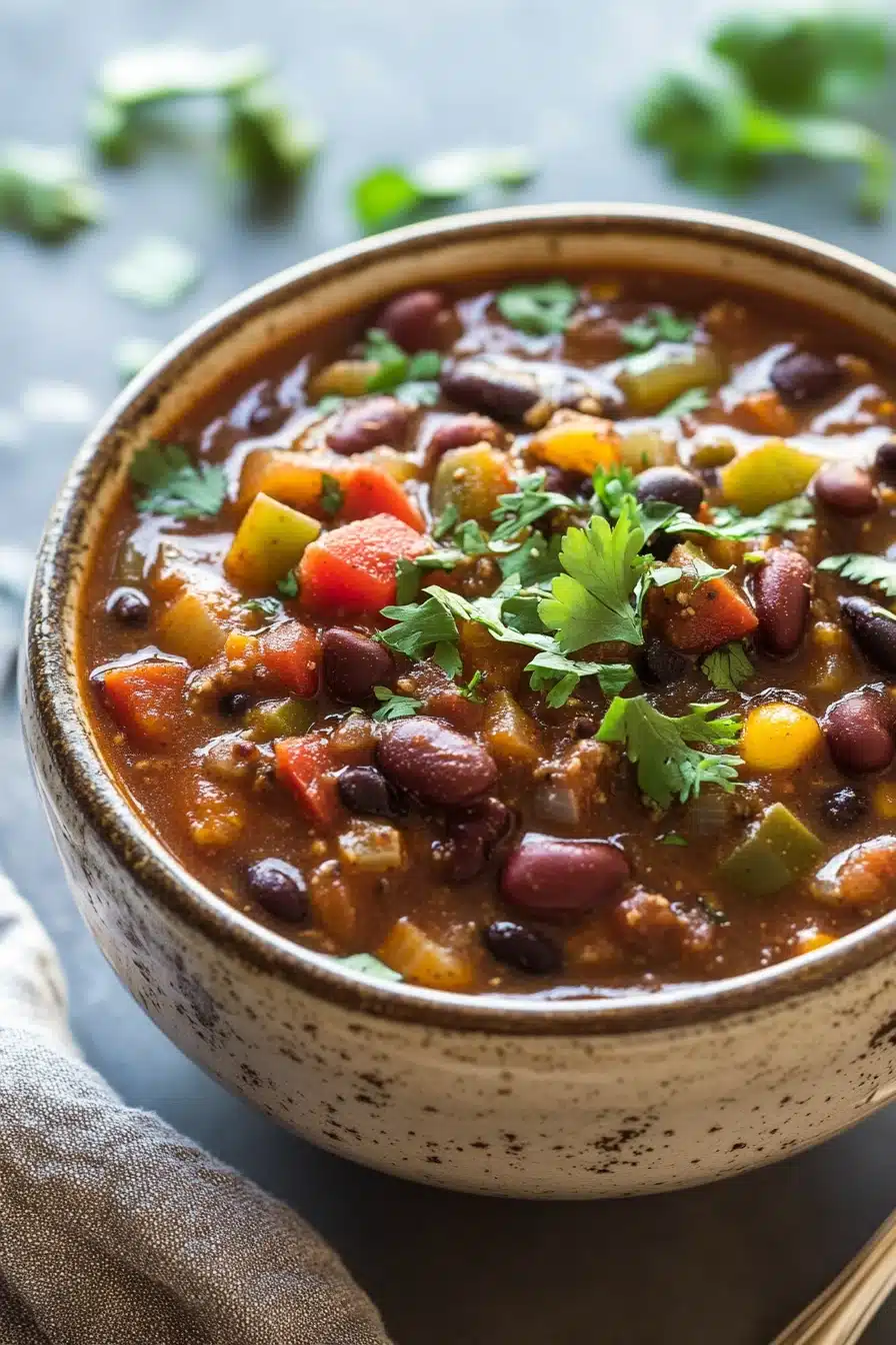Close-up of a colorful vegan slow cooker chili with beans and vegetables.
