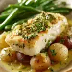 Close-up of a white fish dinner with bright natural lighting and a clean background.