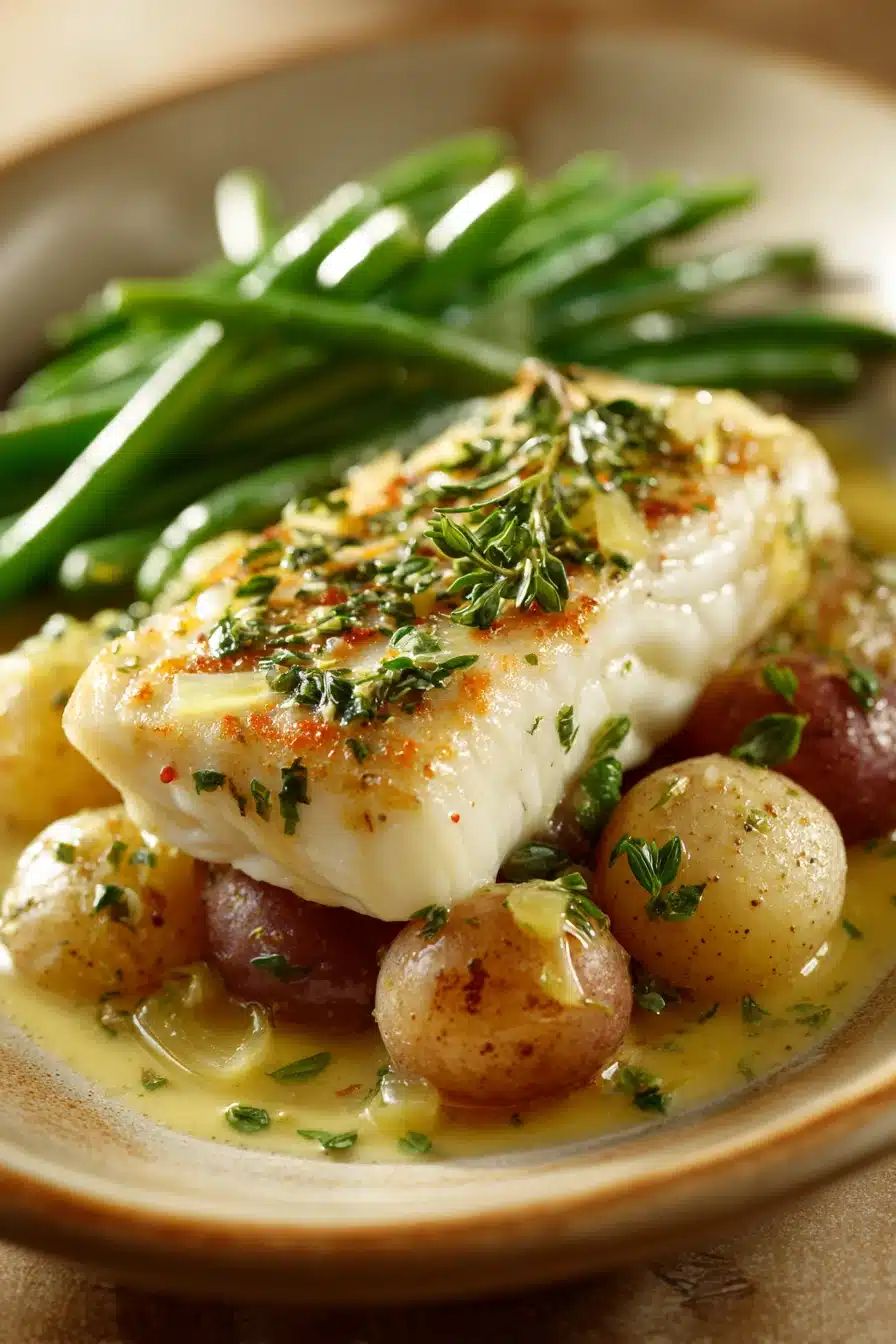 Close-up of a white fish dinner with bright natural lighting and a clean background.