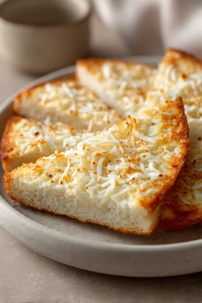 Close-up of zero carb garlic bread with a golden crust and herbs.