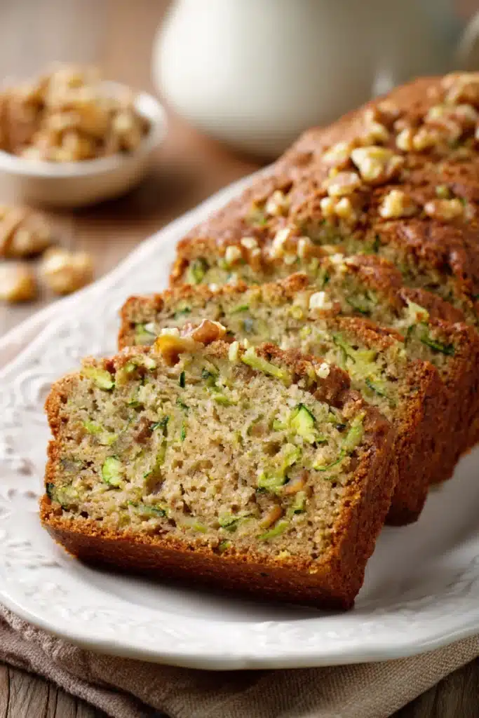 Close-up of sugar-free zucchini bread with visible textures and a warm, inviting appearance.