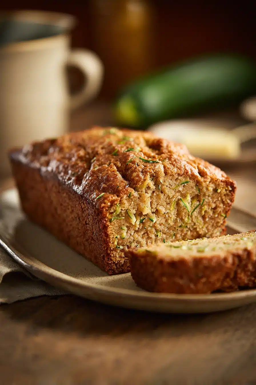 Close-up of freshly baked zucchini bread with visible texture and a clean background.