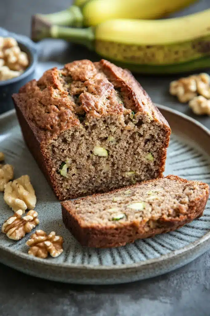 Close-up of zucchini bread with banana on a wooden board with a clean background