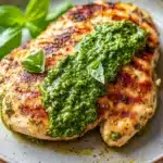 Close-up of air fryer chicken breast with pesto sauce on a clean plate