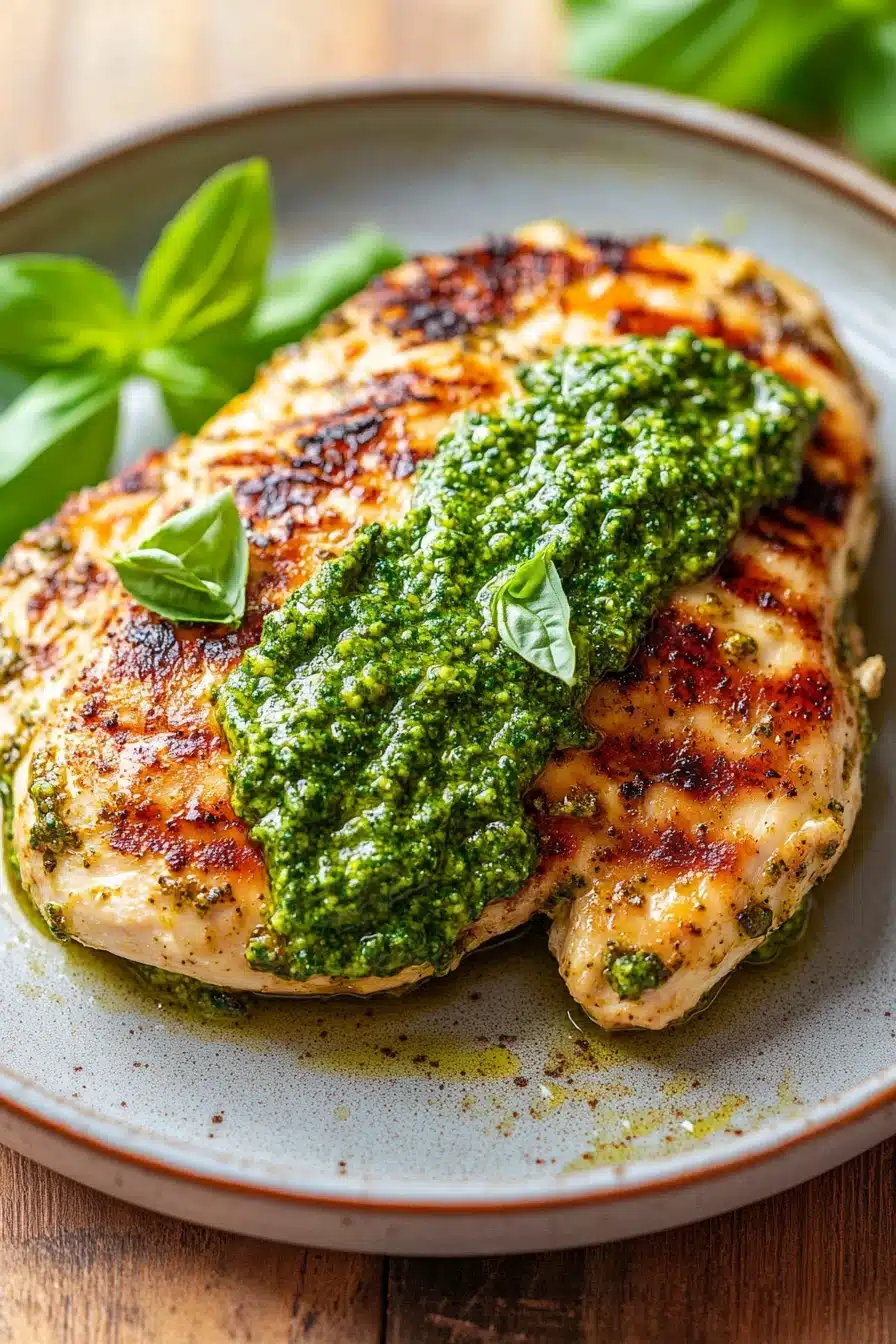 Close-up of air fryer chicken breast with pesto sauce on a clean plate