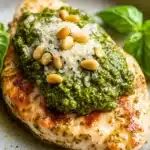 Close-up of air fryer chicken breast with pesto sauce on a clean plate