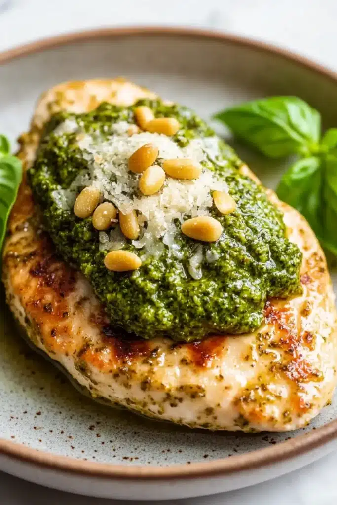 Close-up of air fryer chicken breast with pesto sauce on a clean plate