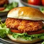 Close-up of an air fryer chicken thigh sandwich with lettuce and sauce on a bun.