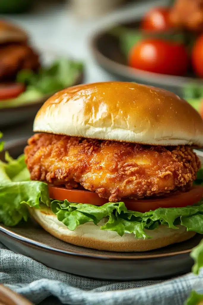 Close-up of an air fryer chicken thigh sandwich with lettuce and sauce on a bun.