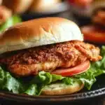 Close-up of an air fryer chicken thigh sandwich with fresh lettuce and a toasted bun.