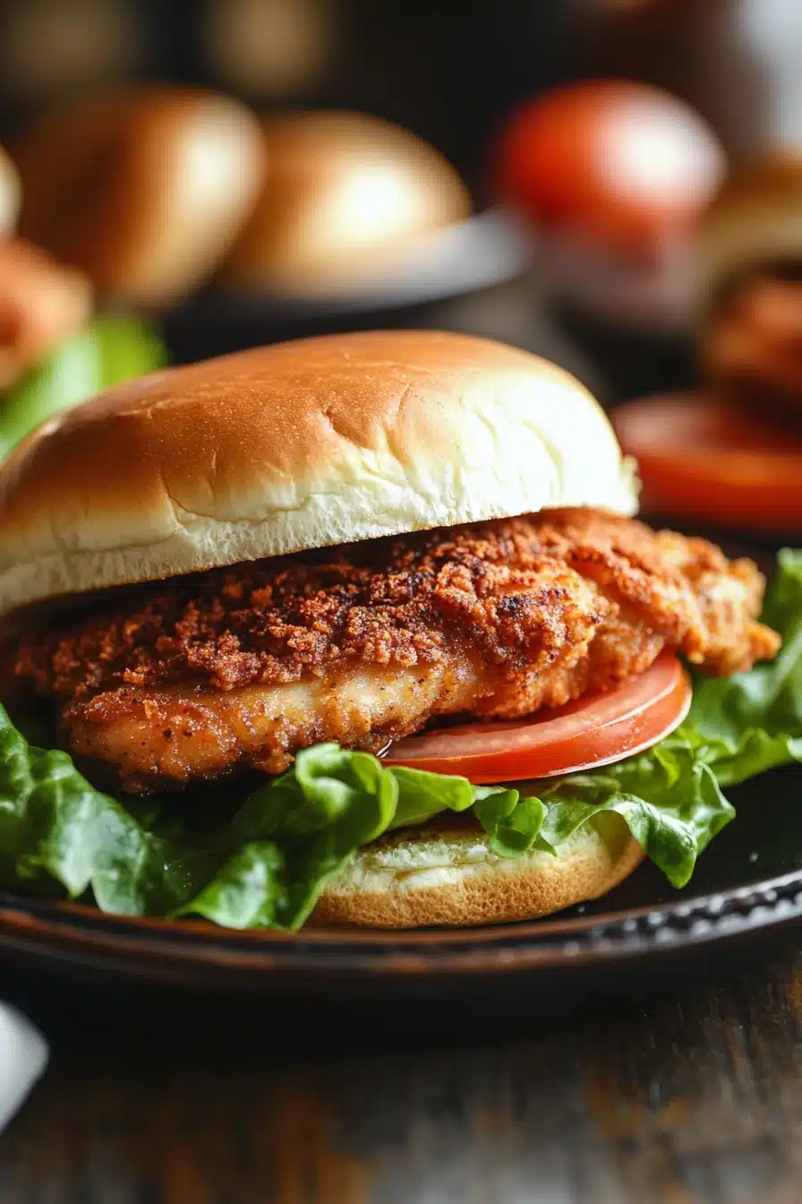 Close-up of an air fryer chicken thigh sandwich with fresh lettuce and a toasted bun.