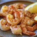 Close-up of air fryer frozen shrimp with golden crispy texture on a clean white plate.