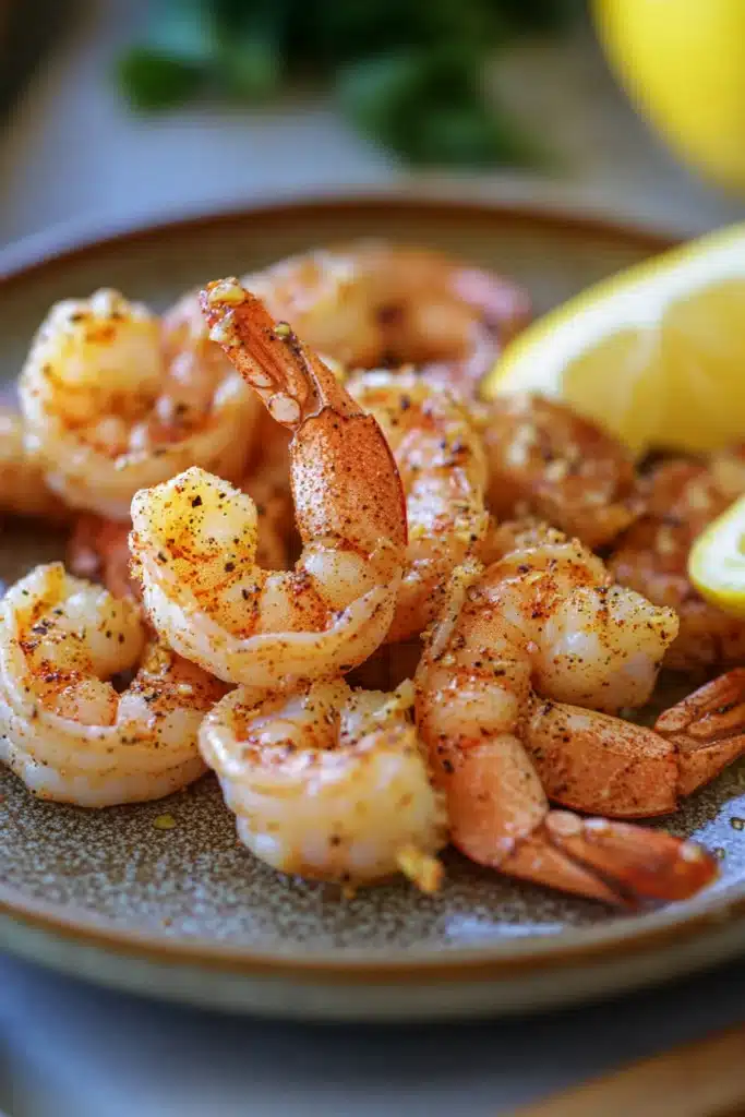 Close-up of air fryer frozen shrimp with golden crispy texture on a clean white plate.