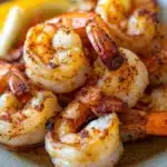 Close-up of air fryer frozen shrimp with bright lighting and clean background