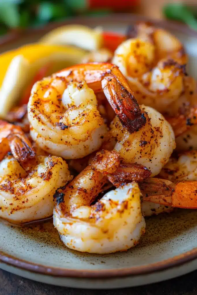 Close-up of air fryer frozen shrimp with bright lighting and clean background